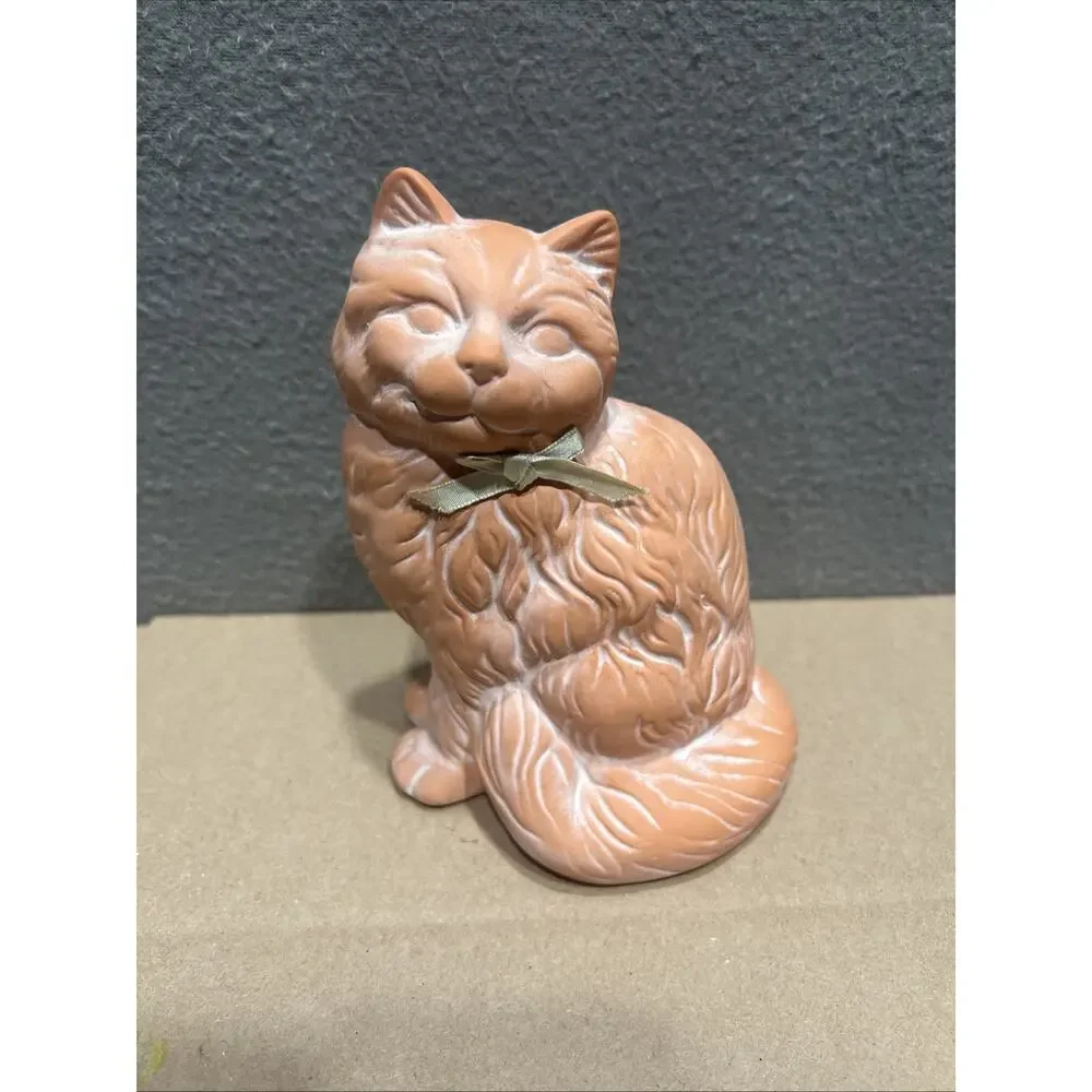 Vintage Terracotta Sitting Cat With Bow Made In Taiwan